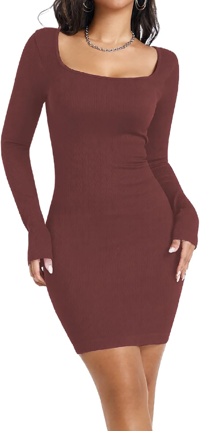 Square Neck Ribbed Bodycon Dresses