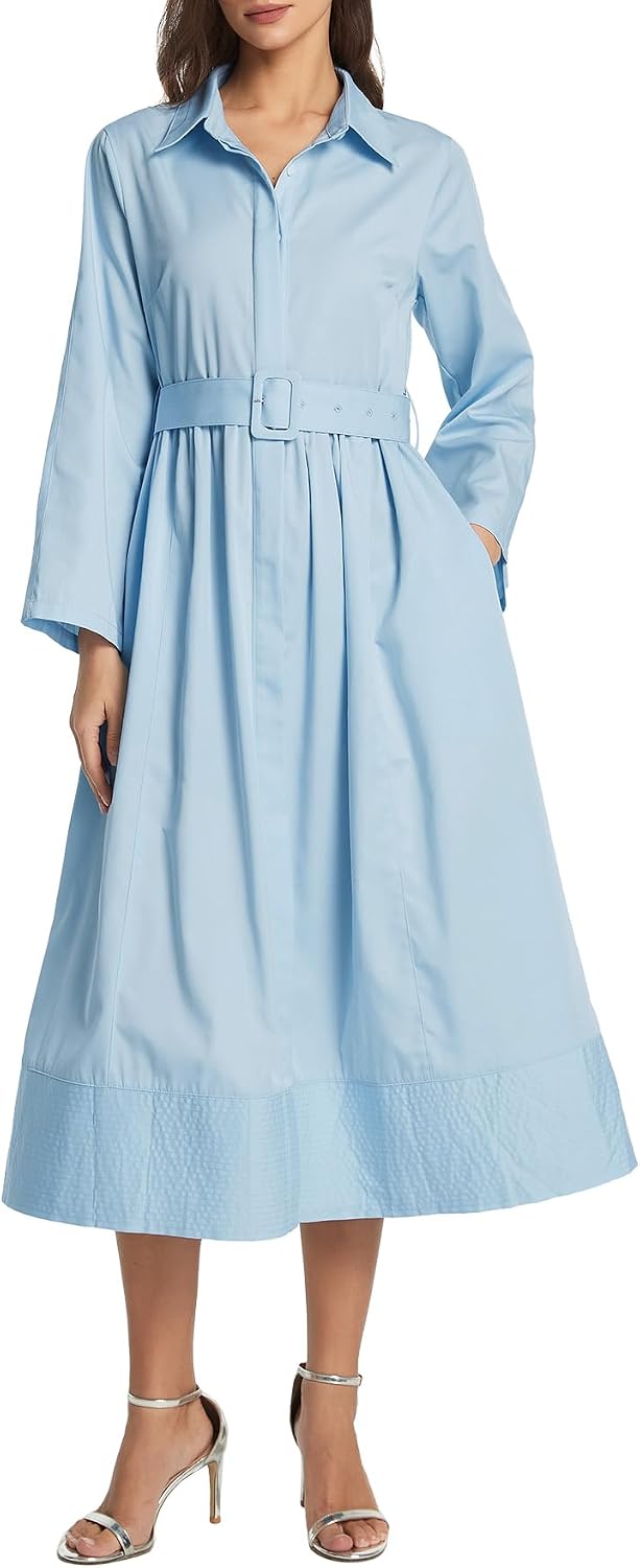 Kedera Women Casual Button Down Shirt Dress Solid Color Fall Long Sleeve Business Elegant Maxi Midi Dresses with Belt