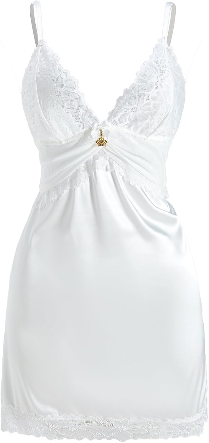 Women's Satin Floral Lace Backless Sleep Dress Bow Cut Out Deep V Neck Babydoll Nightgown Nightwear