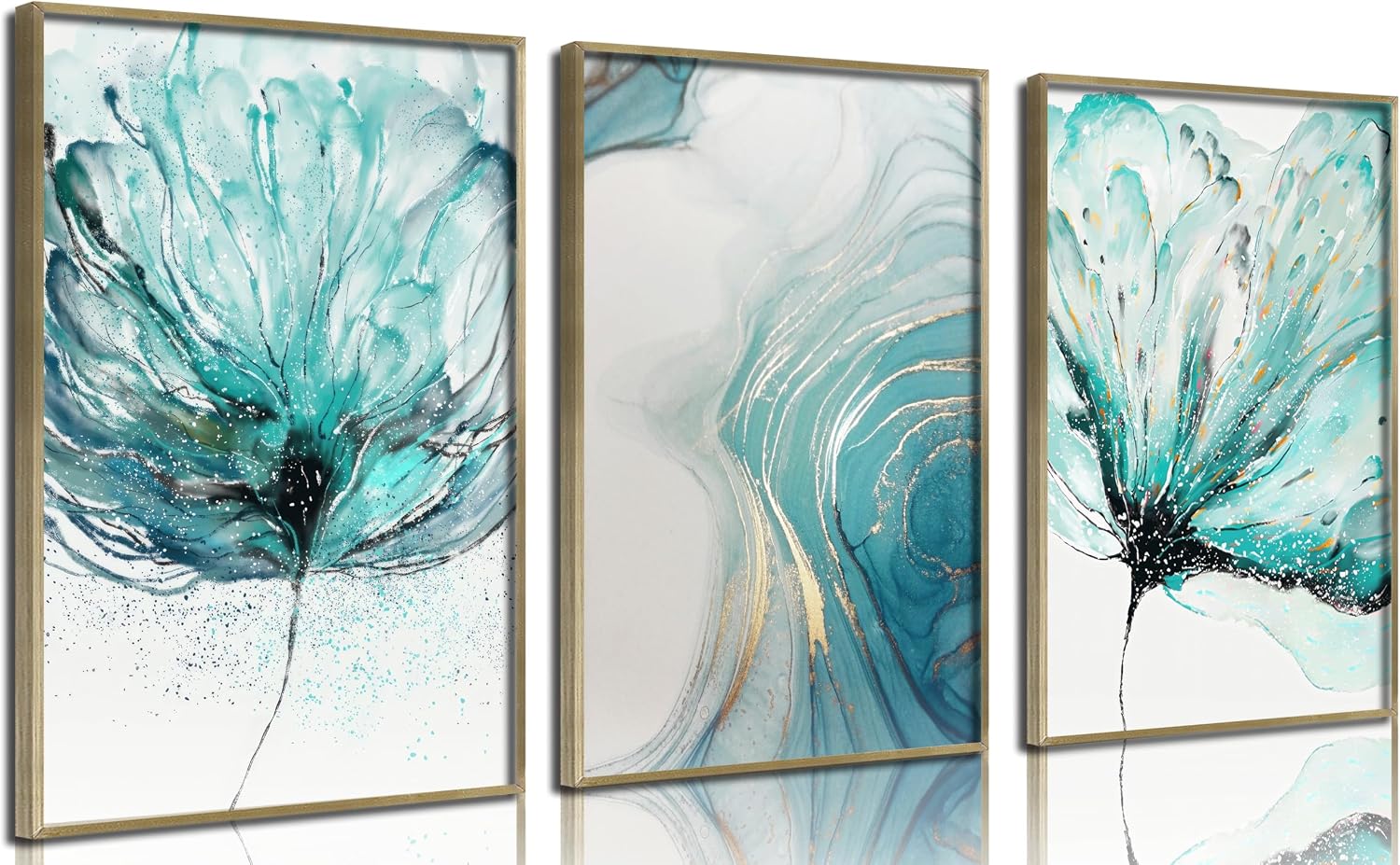 Blue Gold Floral Wall Art Prints