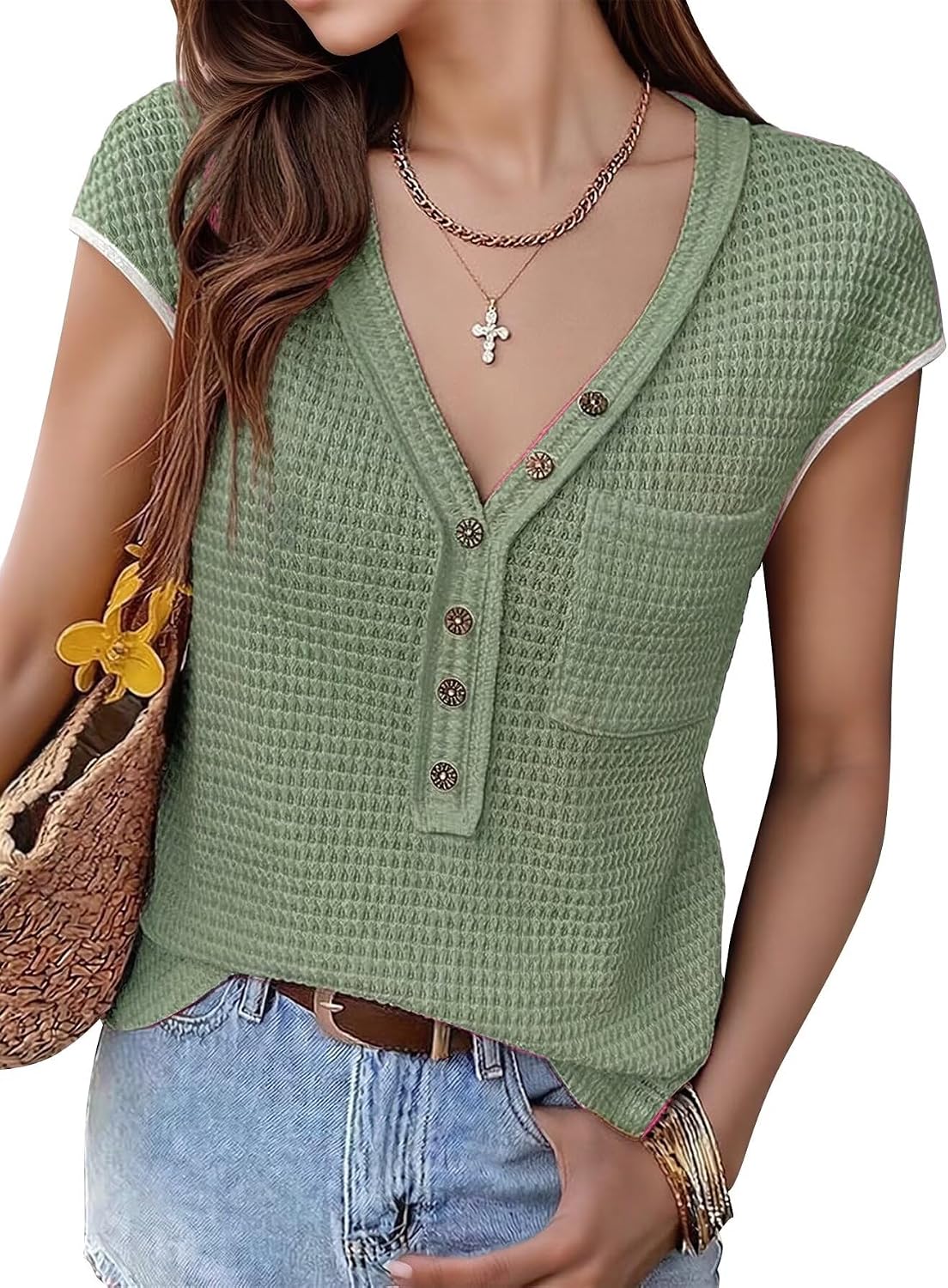 Flamingals Womens Cap Sleeve Henley Tops V Neck Casual Blouses Eyelet Dressy Trendy Tee Shirts 2026 Summer Clothes