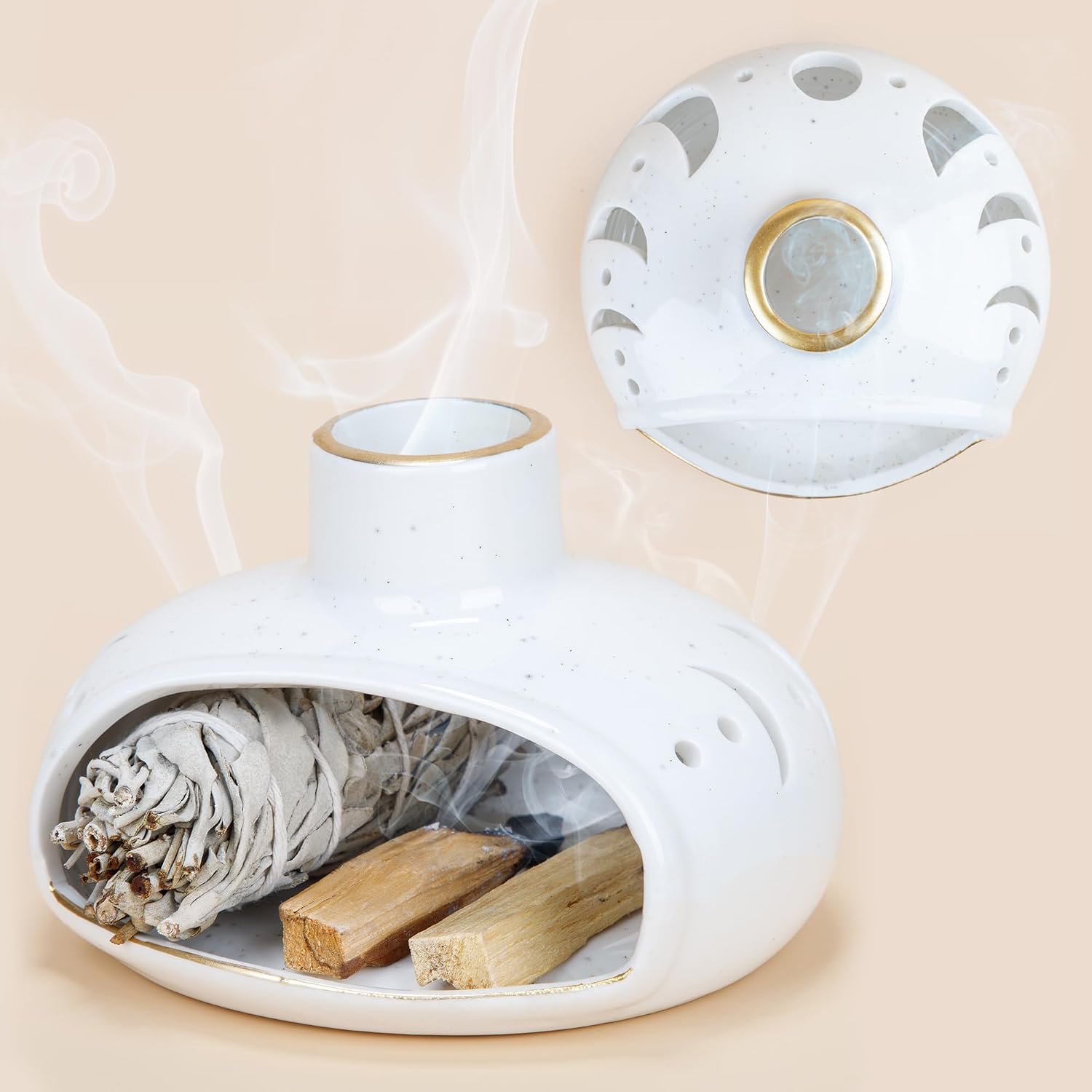 3 in 1 Incense Holder for Palo Santo Sticks Sage Incense, Handcrafted Ceramic Incense Burner Holder Ash Catcher with Chimney, Smudge Bowl for Yoga Meditation Room Home Decor
