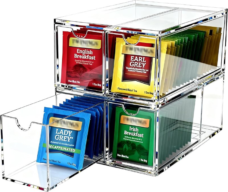 PR!CE DROP ( ) Youngever 4 Pack Plastic Tea Packet Organizers, Stackable Tea Bag Drawers, Clear Tea Bag Drawer Organizers (6" x 9" x 3.5")