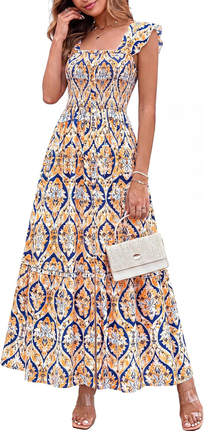 dowerme Womens Summer Maxi Dresses 2026 Casual Ruffle Sleeve Button Smocked Floral Slit Boho Dress Spring Beach Sundress