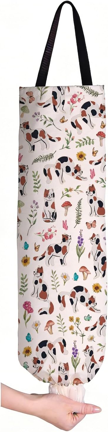 VAMSII Calico Cat Lover Gift Floral Calico Cat Design Plastic Bag Holder Calico Cat Mom Wall Mount Grocery Bag Calico Cat Owner Housewarming Gift (Calico Cat Design L)
