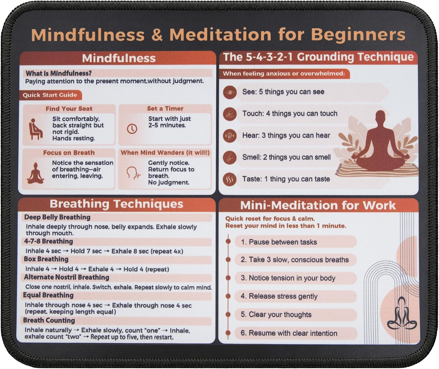 Mindfulness Meditation Mouse Pad, 5-4-3-2-1 Grounding Technique Desk Mat, Non-Slip Smooth Mousepad for Stress Relief Anxiety Relief