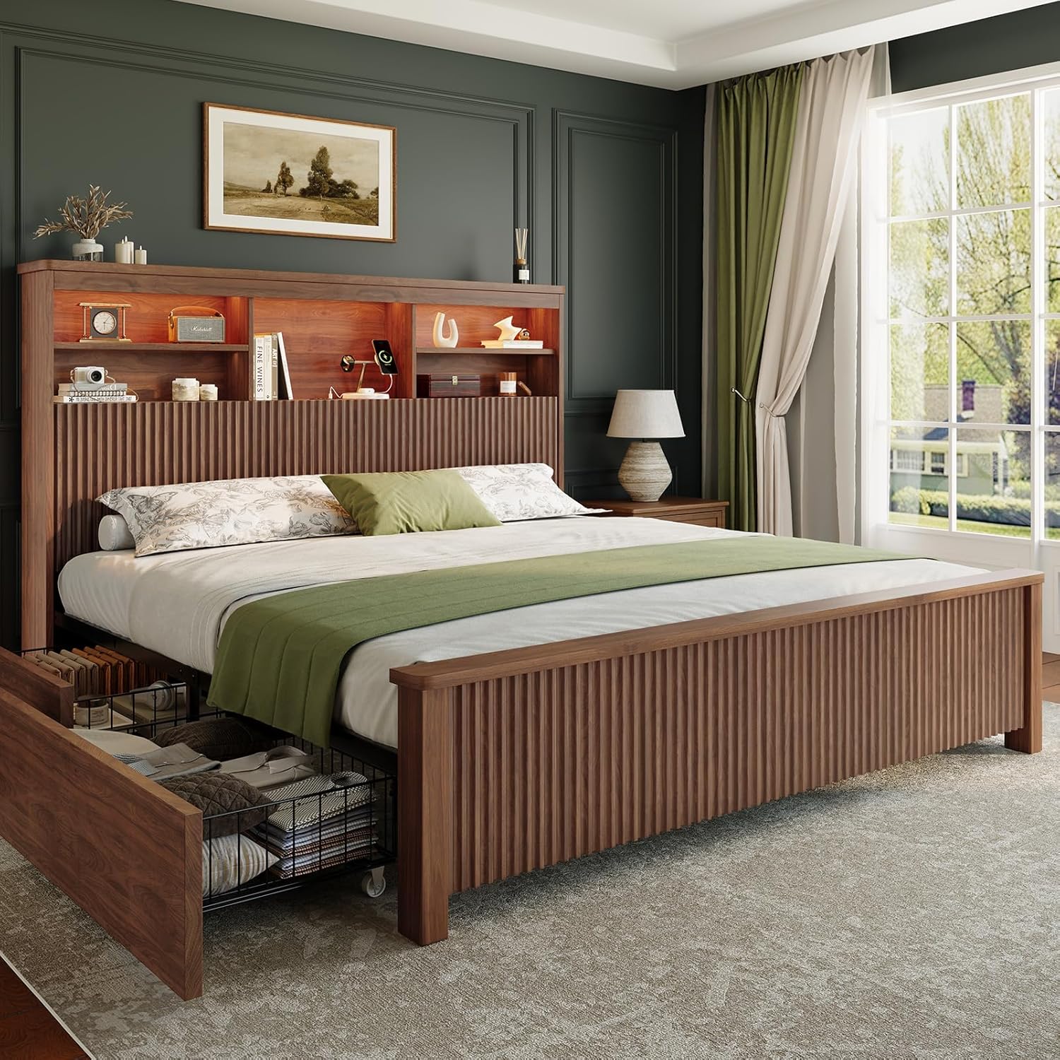 Queen Size Bed Frame and Tall Headboard & Storage, Metal Platform Bed Frame with 4 Storage Drawers, Queen Bed Frame with LED Lights & Charging Ports, No Box Spring Needed, Noise-Free, Brown