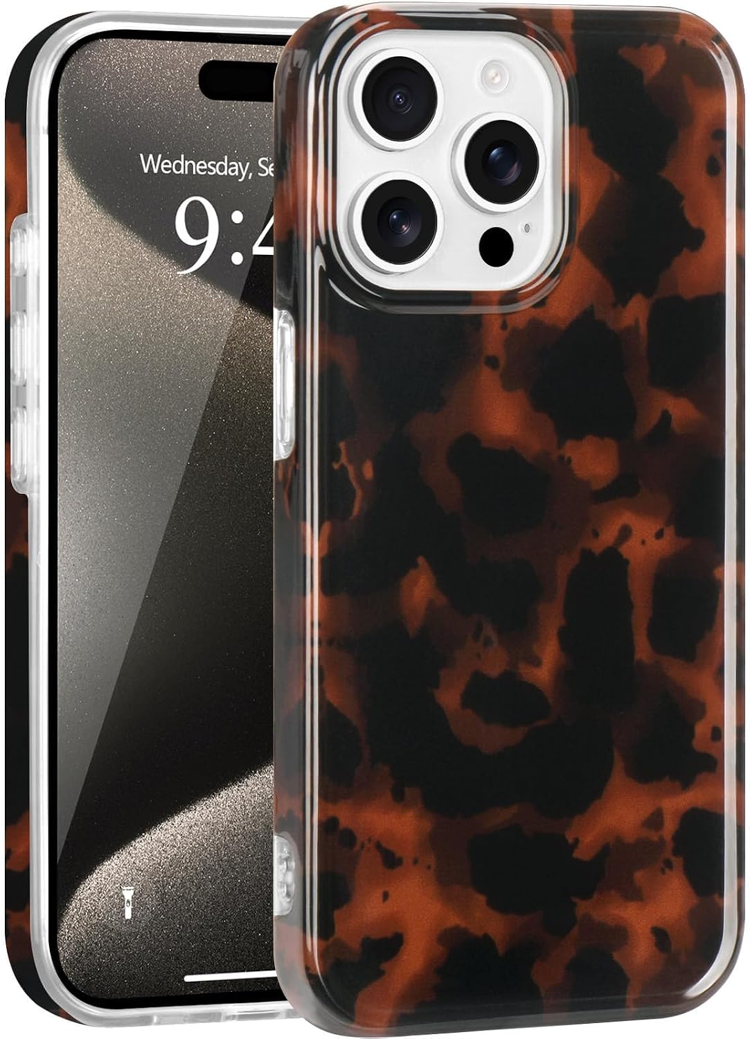 LAPOPNUT for iPhone 15 Pro Case Tortoise Cheetah Amber Leopard,Black