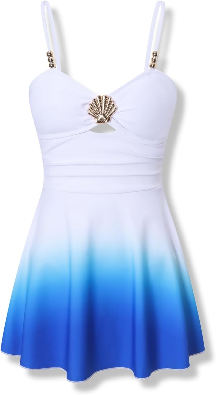 Girls Swimsuit One-Piece Bathing Suit Halter Neck with Cover Up Skirt Bathing Suit Swimwear Size 10-17Y