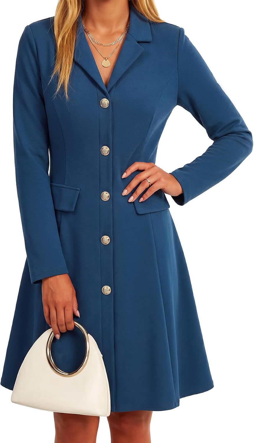 LYANER Women's Button Lapel V Neck Long Sleeve A Line Business Casual Mini Dresses