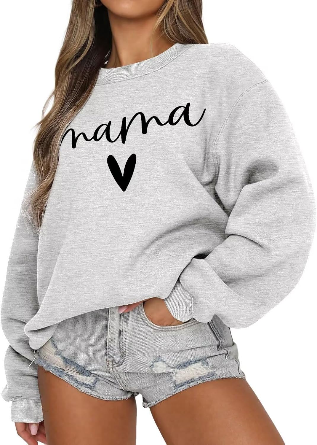 LEEDYA Women Long Sleeve Mama Sweatshirts Crewneck Casual Knit Mom Sweater