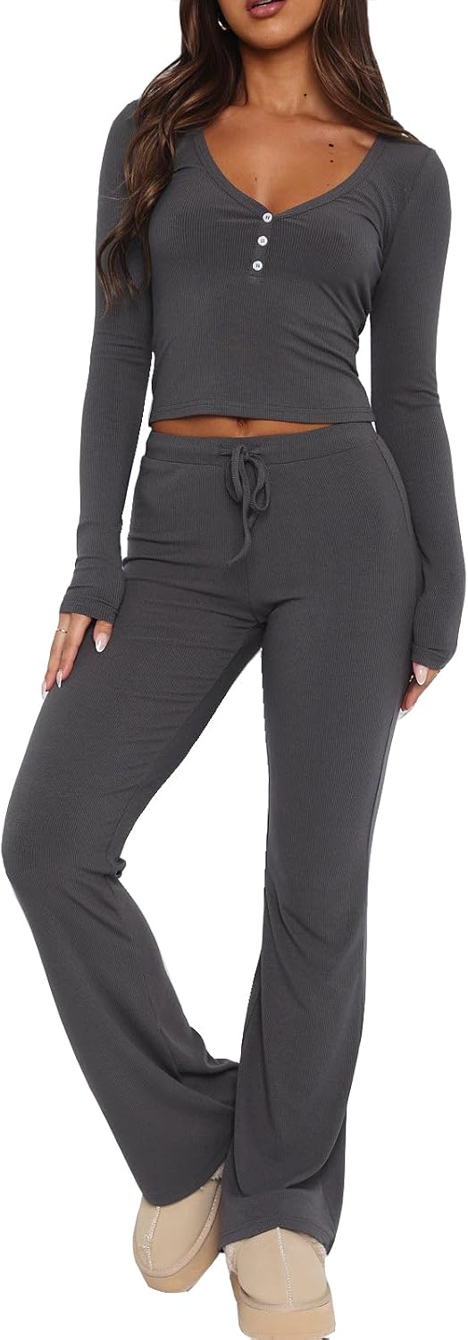 REVETRO 2 Piece Lounge Sets For Women Long Sleeve Shirts Sexy Pajama Set