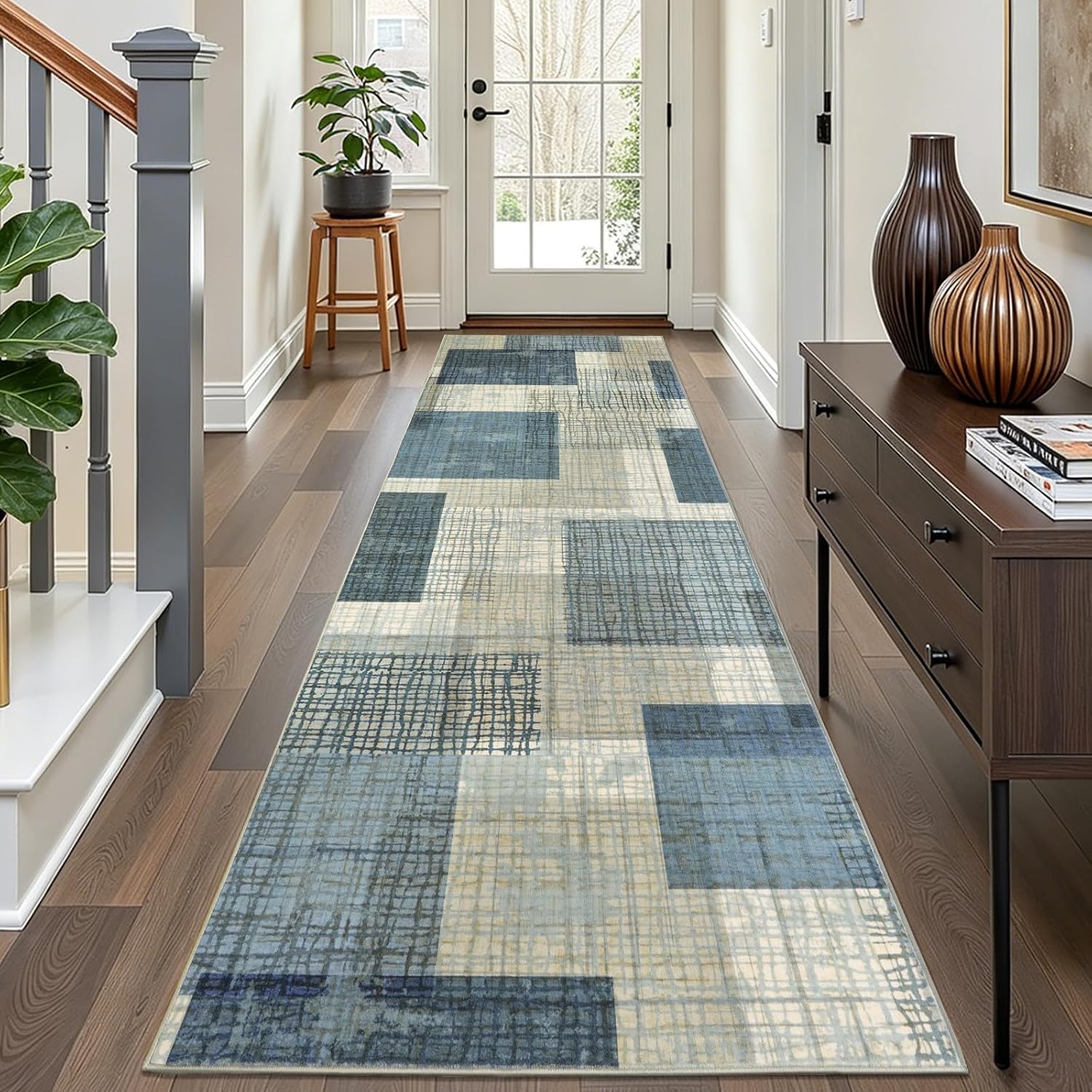 Washable 2x10 Runner Rug for Hallway Kitchen Bedroom, Blue