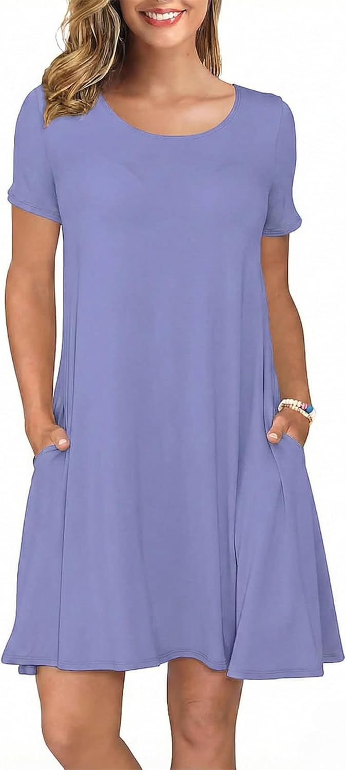 KORSIS Summer Women's Dress Casual T-Shirt Short Sleeve Dresses Swing Flowy Beach Vacation Work Sundress with Pockets
