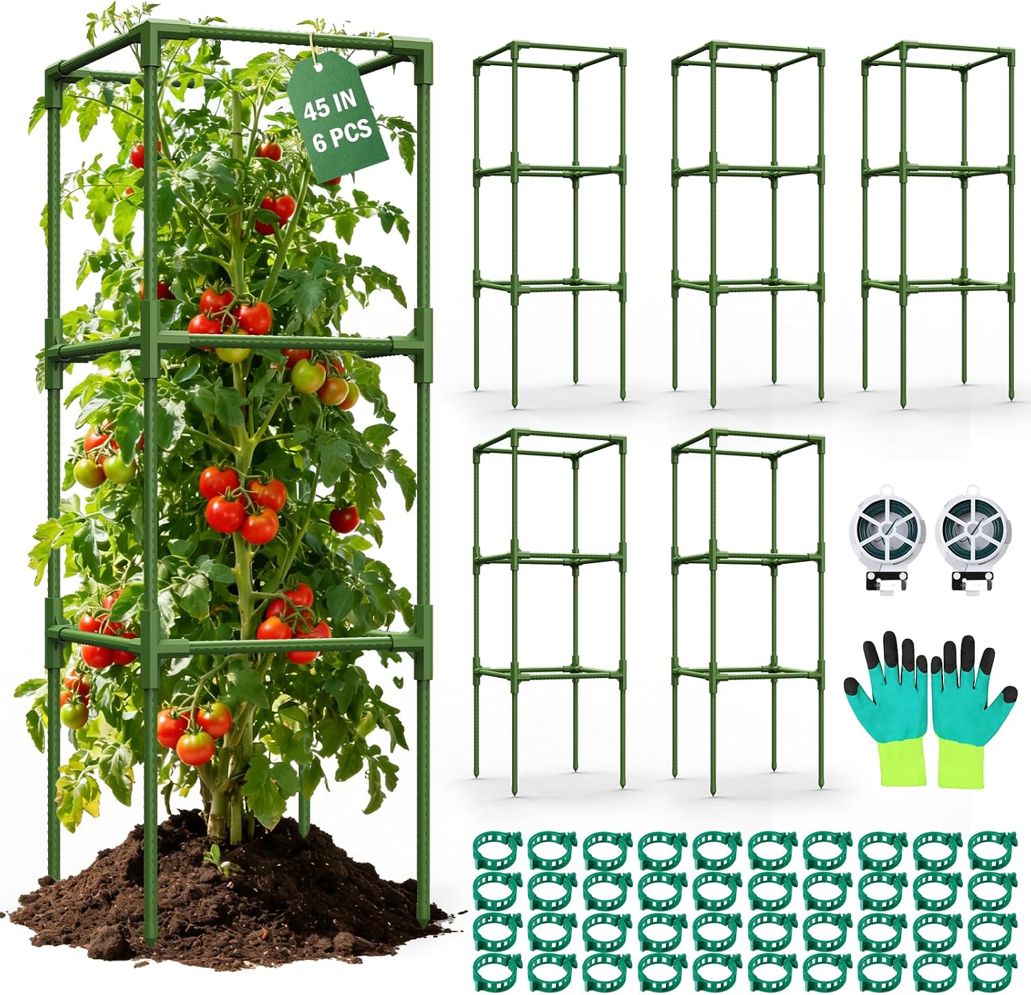 6 Pack Square Tomato Cages for Garden, 45" Heavy Duty Tomato Trellis Plant Support Cages for Raised Garden Bed Climbing Vegetables, Set with Garden Gloves, 40 Clips & 2 Rolls 65FT Tie Wire