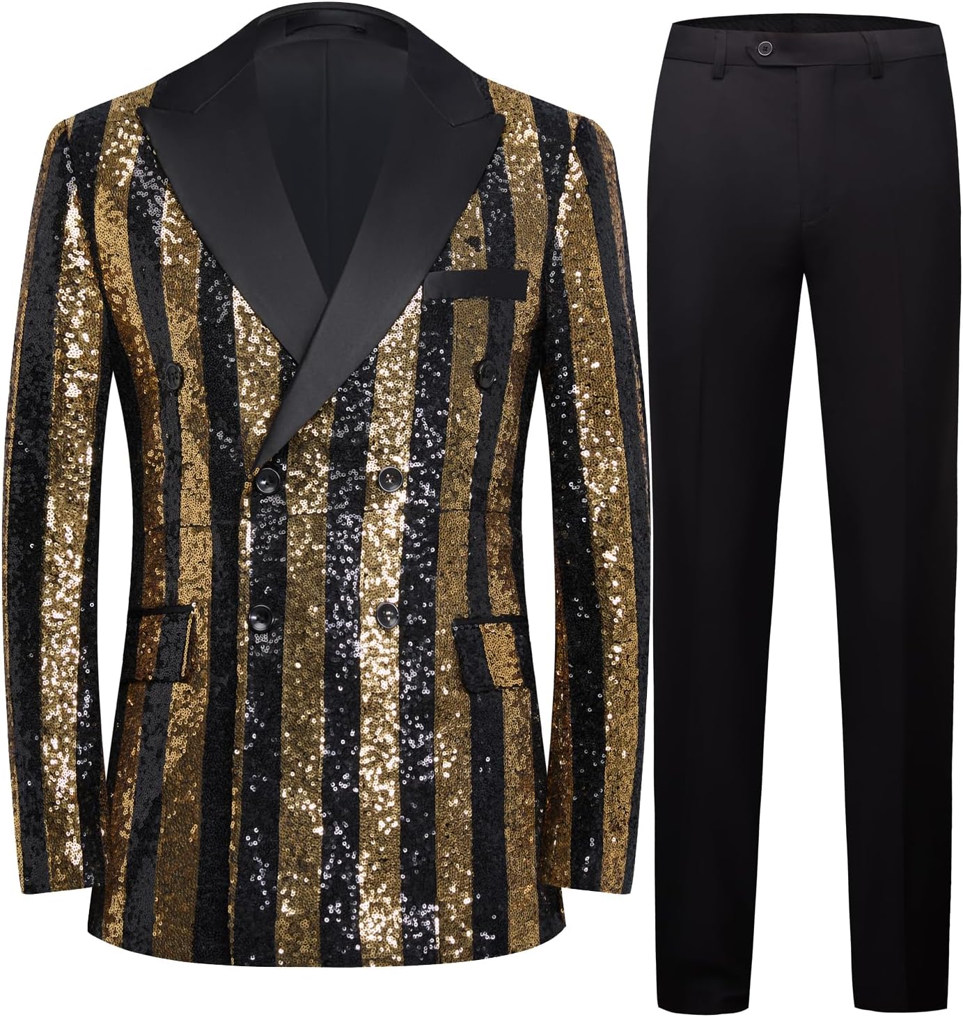 Men's Striped Sequin Double-Breasted Suit Set Tuxedo Jacket & Pants for Wedding, Prom (US, Alpha, Small, Regular, Regular, Yellow)