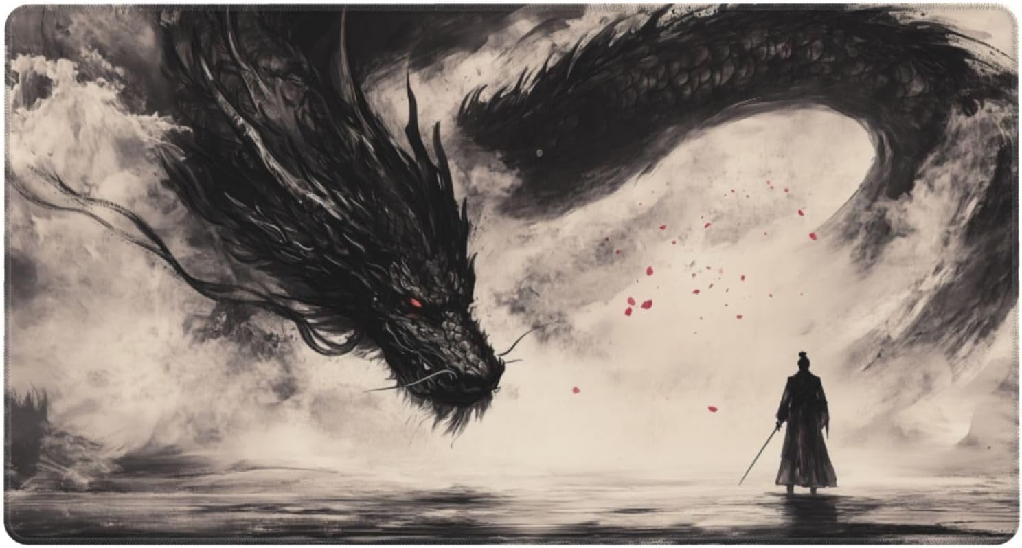 Anime Mouse Pad Dragon Master Ink Painting Large Mouse Pad Desk Mat XL Extended Gaming Mousepad Vivid Printing Non-Slip Rubber Base Smooth Surface Stitched Edges for PC Gamer Office 15.7x29.5in