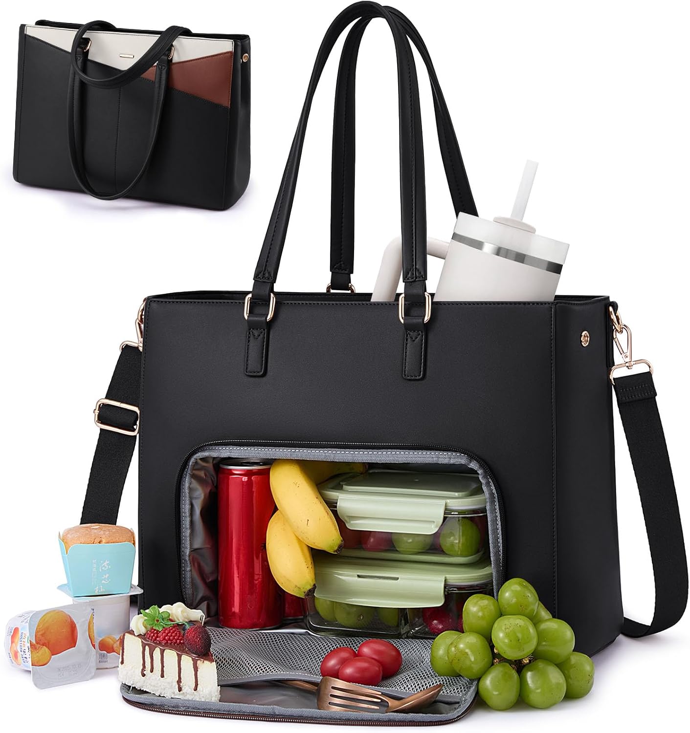 LOVEVOOK Lunch Tote Bag for Women, 3 in 1 Work Bag with Leakproof Cooler Compartment, Laptop Bag with Large Cup Holder for Office, College, Casual, Beige-black-brown