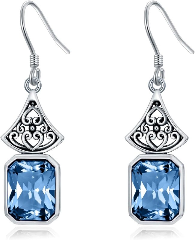 Vintage Earrings 925 Sterling Silver Oxidized Dangle Drop Earrings with 12mm Emerald Cut Birthstone Anniversary Jewelry Gifts for Women Mom Wife