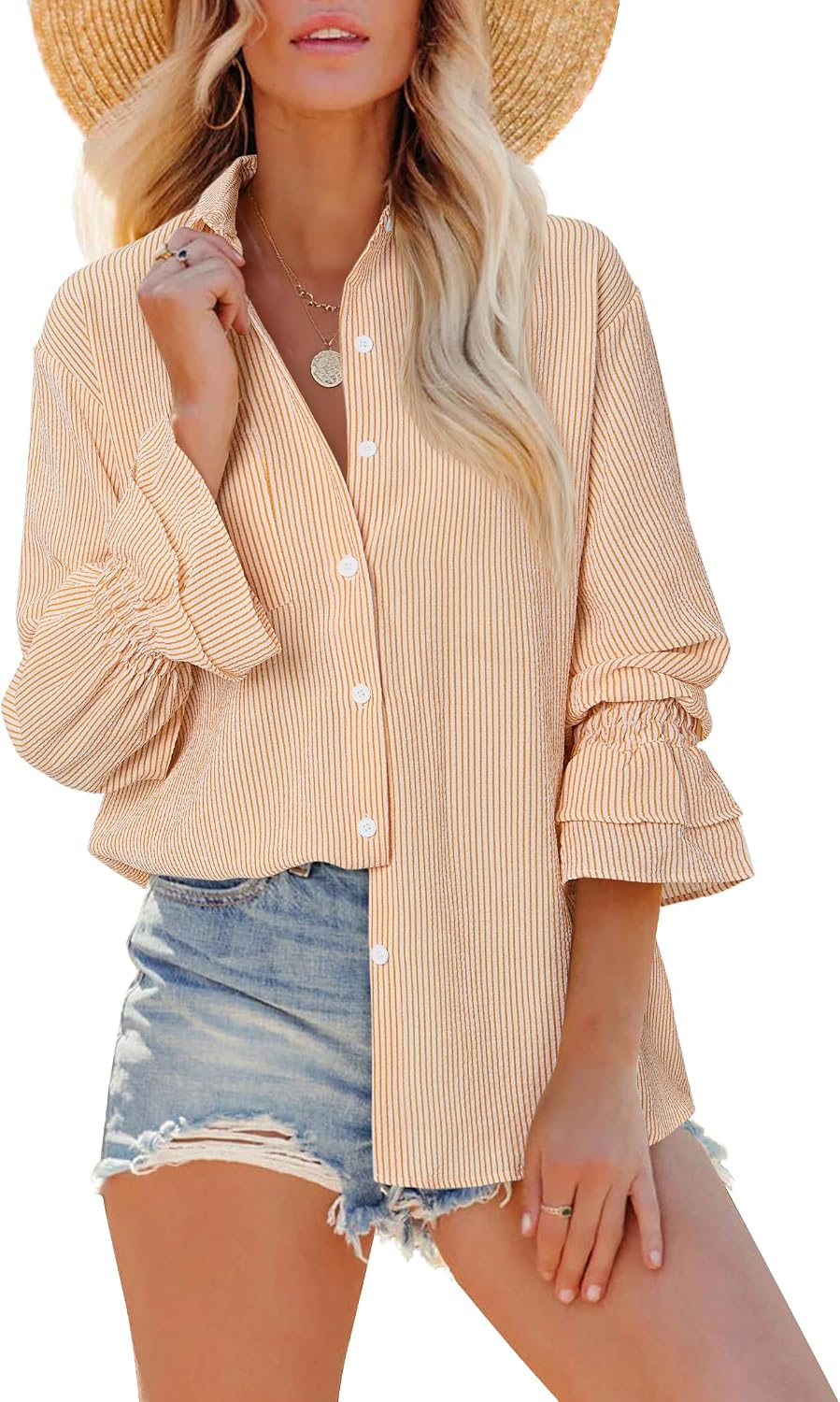 Oversized Button Down Shirts for Women Smocked Striped Long Sleeve Blouses