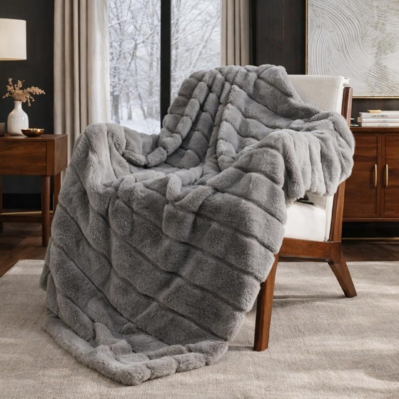 PR!CE DROP ( ) Cozy Bliss Deluxe Sheared Rabbit Faux Fur Throw Blanket, Soft Fuzzy High-Low Sculpted Plush Blanket for Couch, Cozy Home Accent, All Season Use, Grey 50"x60"