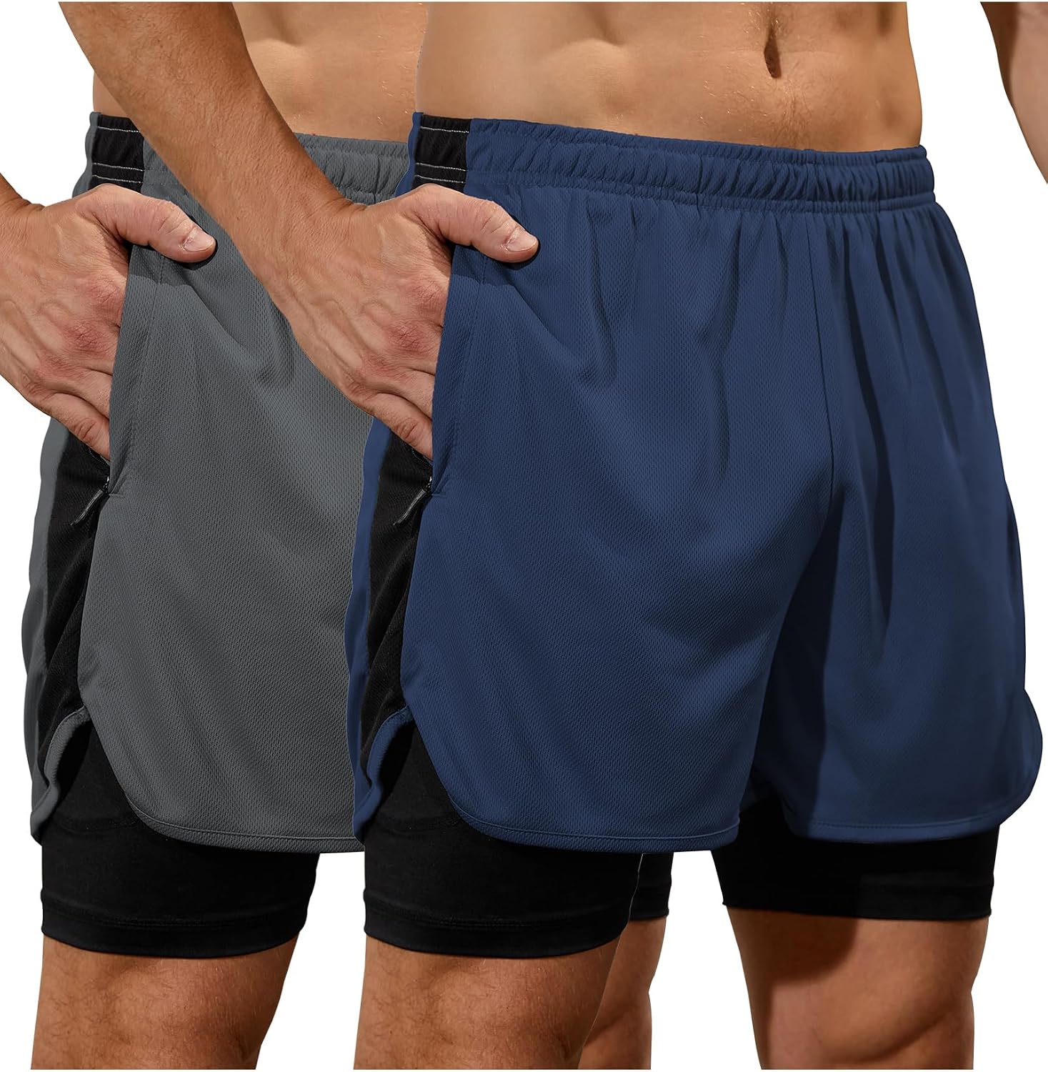 SILKWORLD Men's Running Shorts 2 in 1 Shorts with Zipper Pockets (2 Pack)