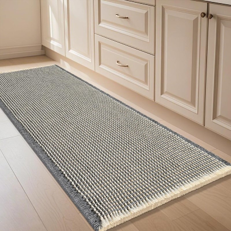 Waffle Bath Mat Grey & Beige 5'x2', Boho Woven Modern Bath Mat Rugs, Absorbent Non Slip Bathroom Rugs, Soft Washable Bath Rugs with Tassels for Bathroom, Bedroom, Kitchen, Shower, Tub