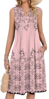 Zeagoo Women Summer V Neck Pleated Sleeveless Boho Sun Dress 2026 Casual Midi Beach Vacation Tank Dress with Pockets Pink Floral