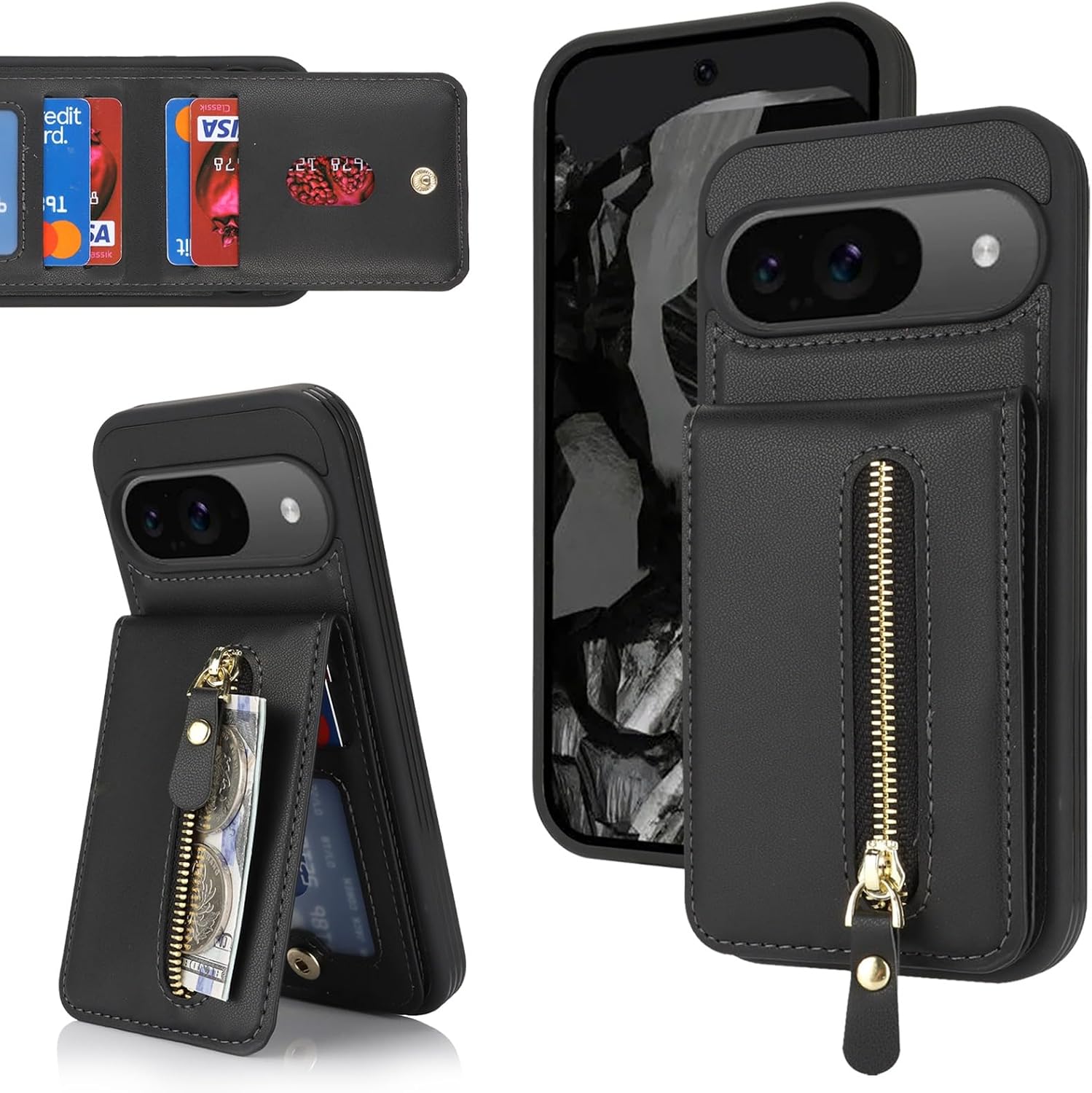 for Google Pixel 9/9 Pro Phone Case with Card Holder,Pixel 9/9 Pro Case Wallet for Women Men with Credit Card Slots, PU Leather Zipper Wallet Case,6.3",Black