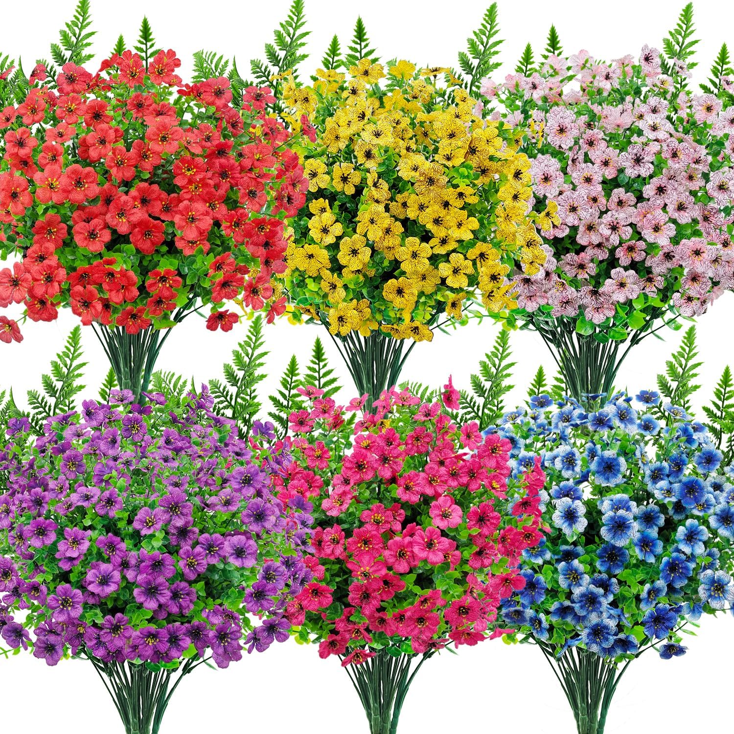 Artificial Flowers for Outdoors Decoration, 16 Bundles Silk Fake Flower with Ferns UV Resistant No Fade Faux Plants for Home Outside Planter Porch Patio Window Box Decor (6 Mixcolor)