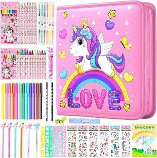 PR!CE DROP + 5% OFF CLIP COUP0N ( ) DOKKIA Fruit Scented Coloring Pens Markers Set 65 PCS Art Craft Drawing Case - Washable Kits Pencil,Gel Pen,Crayon&Coloring Book Supplies Unicorn Rainbow Pink