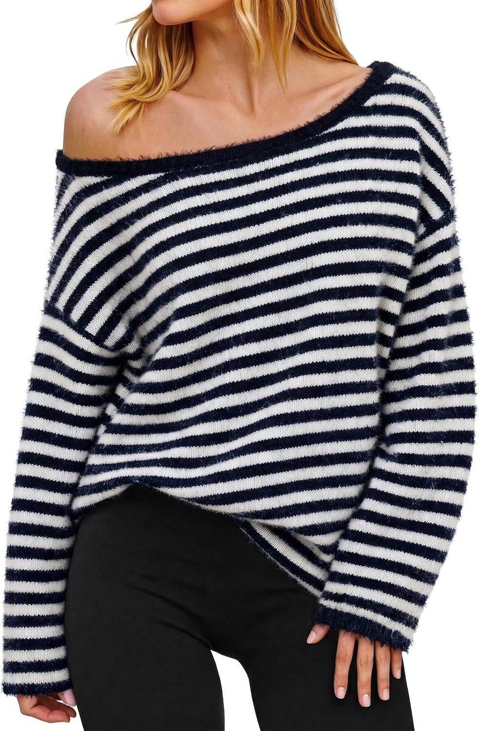 Fisoew Striped Off-Shoulder Sweaters