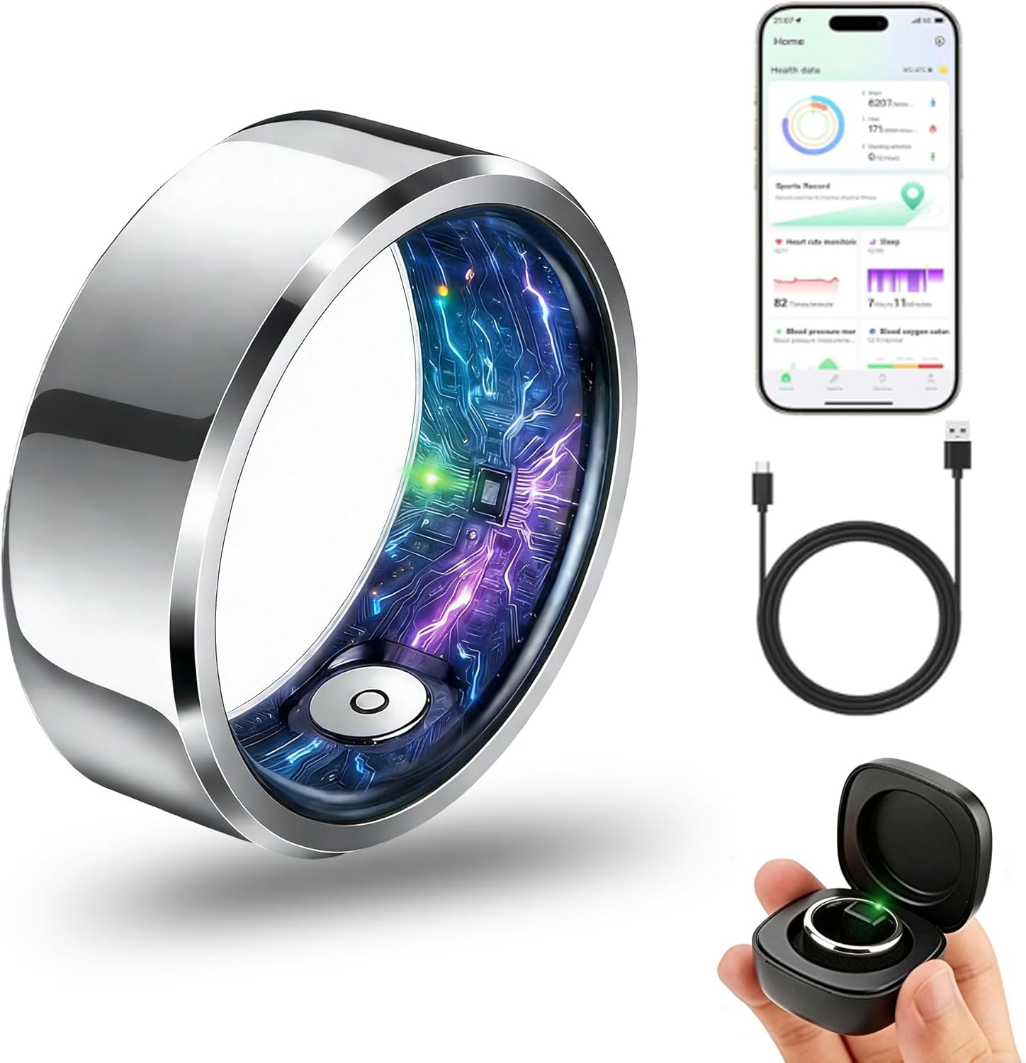 Smart Ring for Women & Men, Health & Fitness Tracker with Heart Rate/Sleep Monitoring/Blood Pressure, 5ATM Waterproof,Activity Trackers with Free App,Fitness Ring Birthday Gift(Size8,Silver)