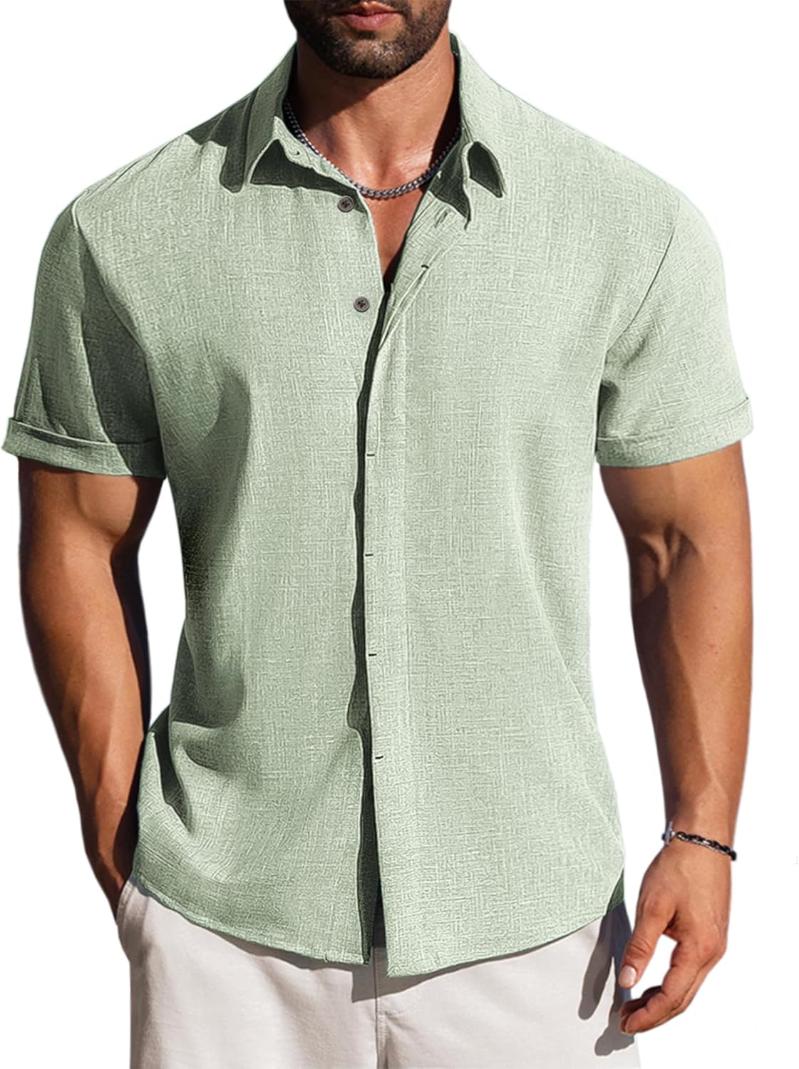 LETSEE Linen Shirts for Men Short Sleeve Button Down Casual Beach Summer Hawaiian Dress Shirt Clothing