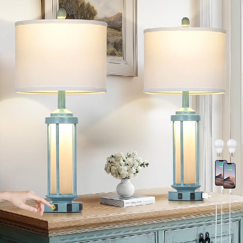 PR!CE DROP ( ) 27" Tall Farmhouse Table Lamps for Living Room, Rustic Vintage Table Lamp with USB A+C Charging Ports & AC Outlet, Modern Retro Industrial Nightstand Bedside Lamp for Bedroom Side Table Decor