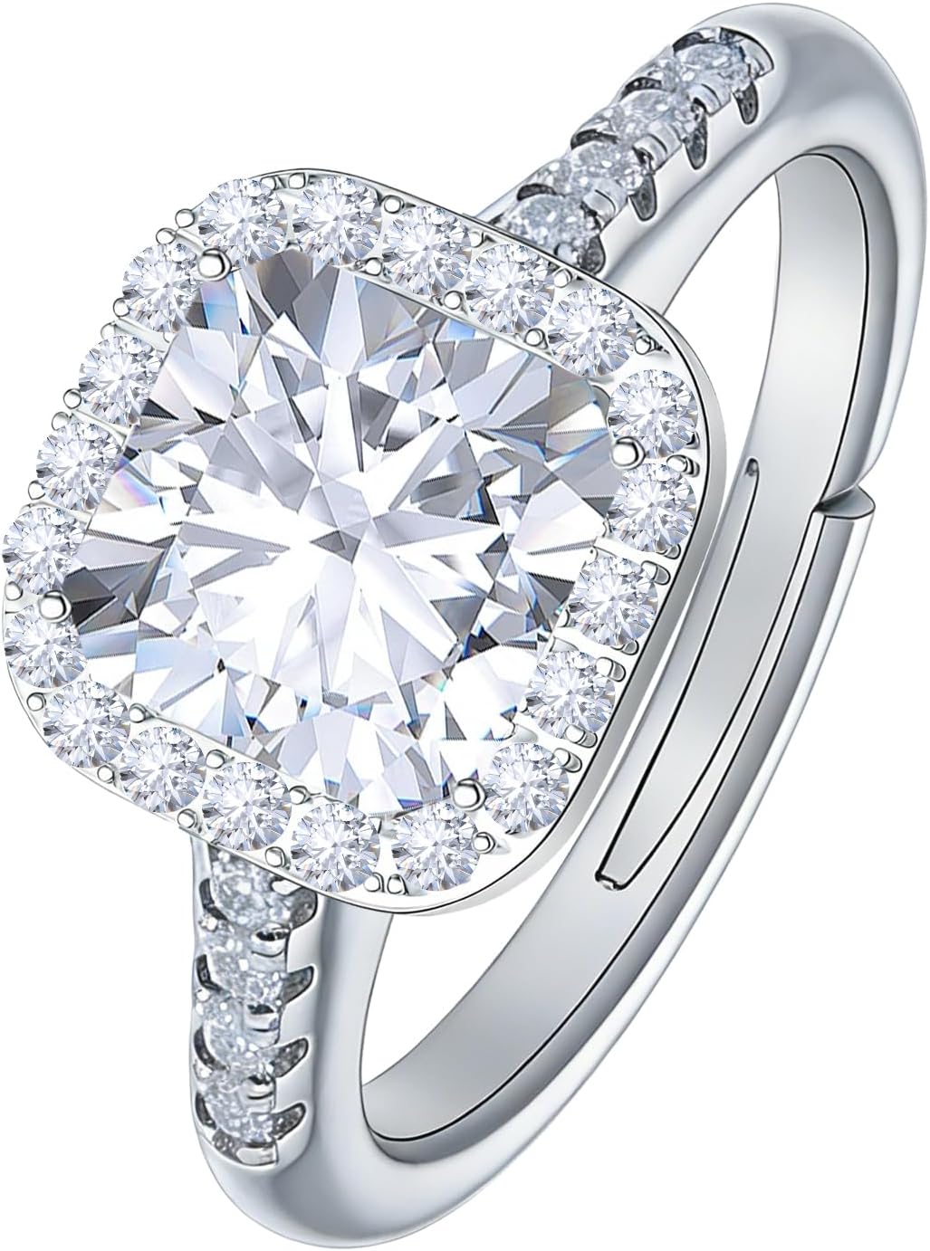 4 Carat Moissanite Engagement Ring for Women, Cushion/Round Cut 4CT Moissanite Wedding Ring, 14K White Gold Plated Adjustable Bridal Promise Ring, Hypoallergenic Anniversary Ring with Gift Box (41Silver SIZE 7-10)
