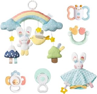 PR!CE DROP ( ) Cozy Bunny Newborn Gift Set - 6-in-1 Baby Soothing Essentials with Teethers, Plush Blanket & Hanging Toys for Crib,Stroller,Sensory Development,Machine Washable