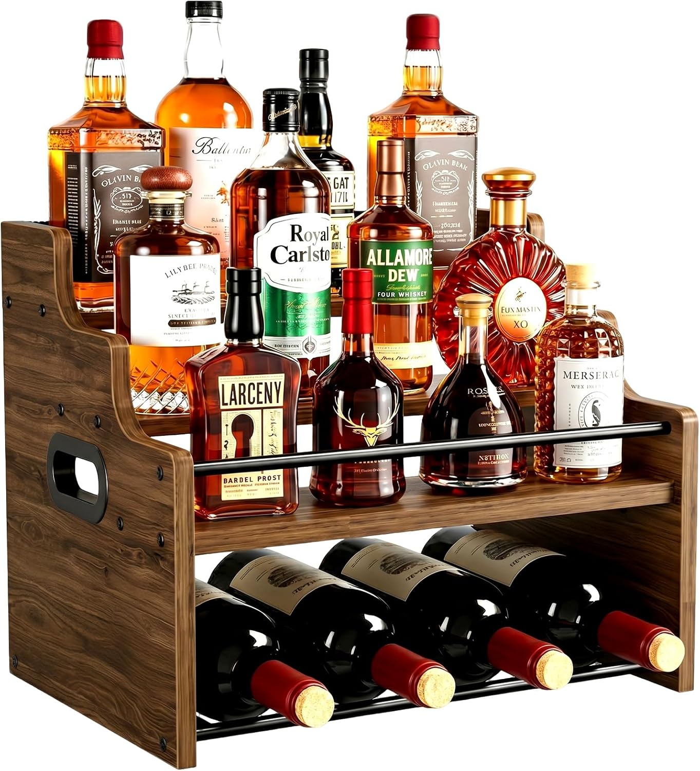 4-Tier Wood Display Shelf Wine Rack for 16 Bottles Wood Coffee Syrup Organizer with Handles Home Whiskey Shelf Retro Mini Liquor Cabinet Spice Rack Coffee Bar Shelves, Walnut