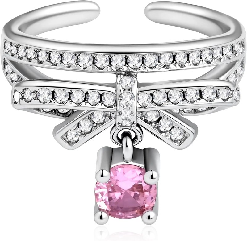 Silver Cubic Zirconia Bow with Pink Crystal Open Ring Cute Stacking Adjustable Rings for Women Mother's Day