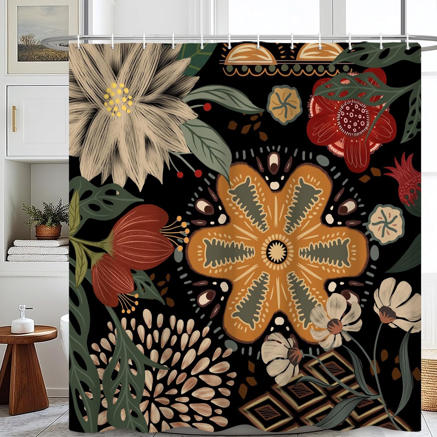 Boho Mid Century Tropical Plant Floral Pattern Shower Curtain,60" W x 72" L