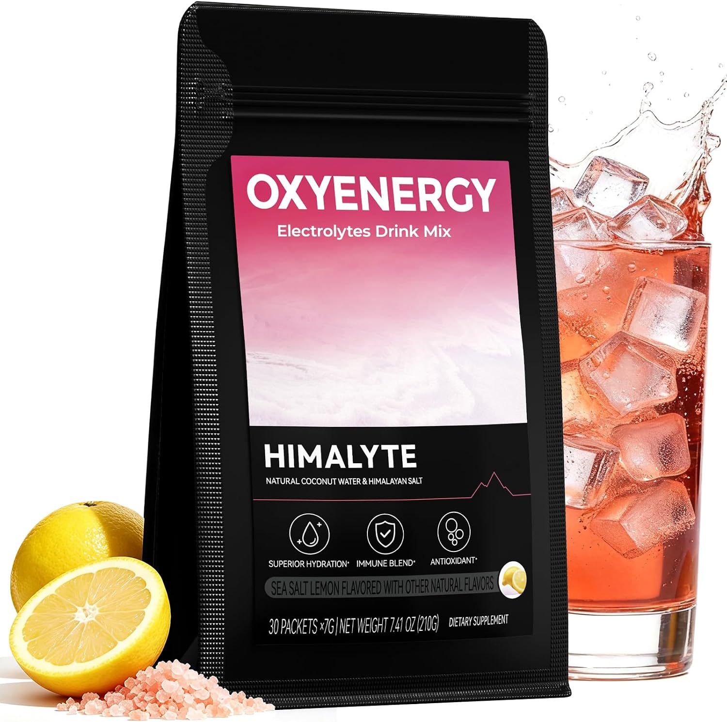OxyEnergy Electrolytes Packets Powder, Daily Hydration Packets, Sugar Free Instantly Hydrating & Party Recovery Plant Based Keto Friendly Vegan, Lemon Drink Mix (30 Servings)