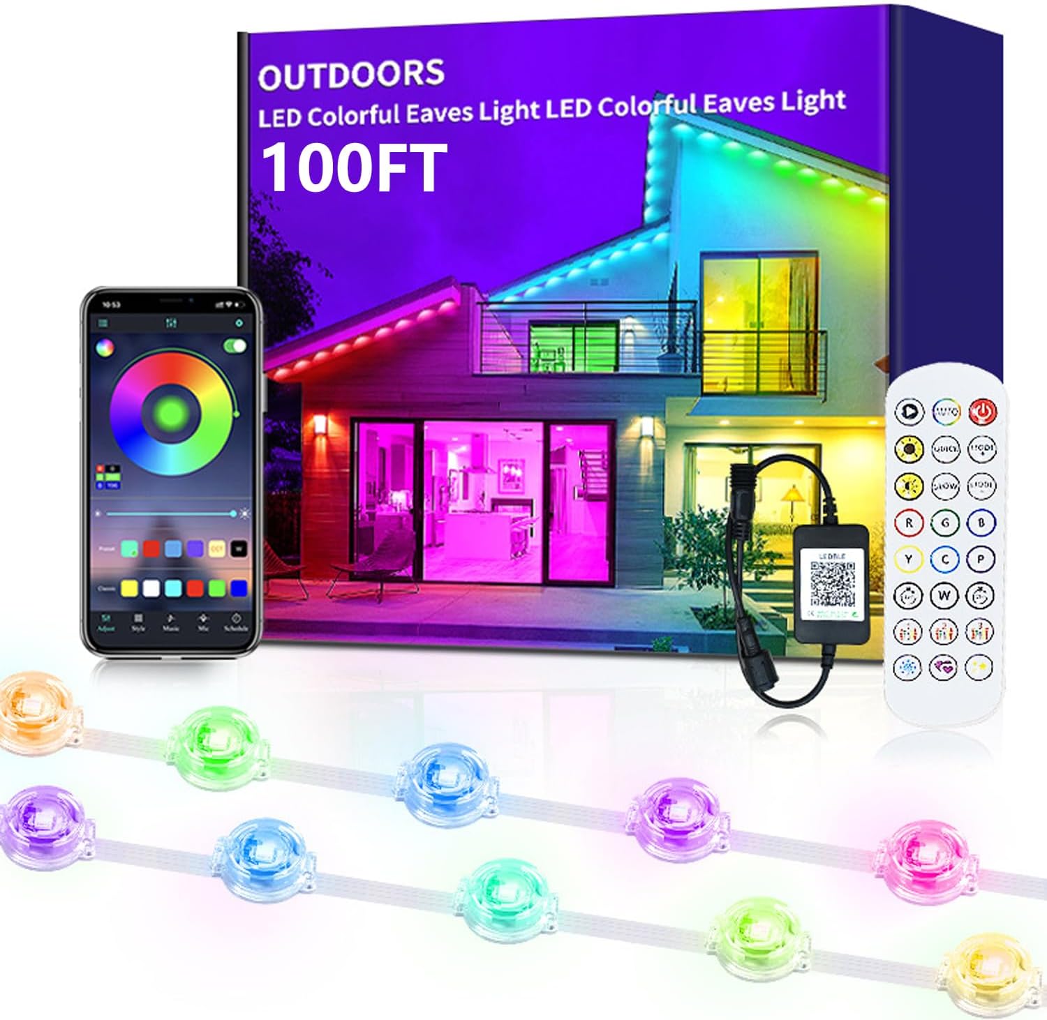 Zhoubbsb Permanent Outdoor Lights, 100FT RGB+IC Smart Eaves Lighting with 50 LEDs, 16 Million Colors, IP68 Waterproof, for Year-Round and Holiday Use
