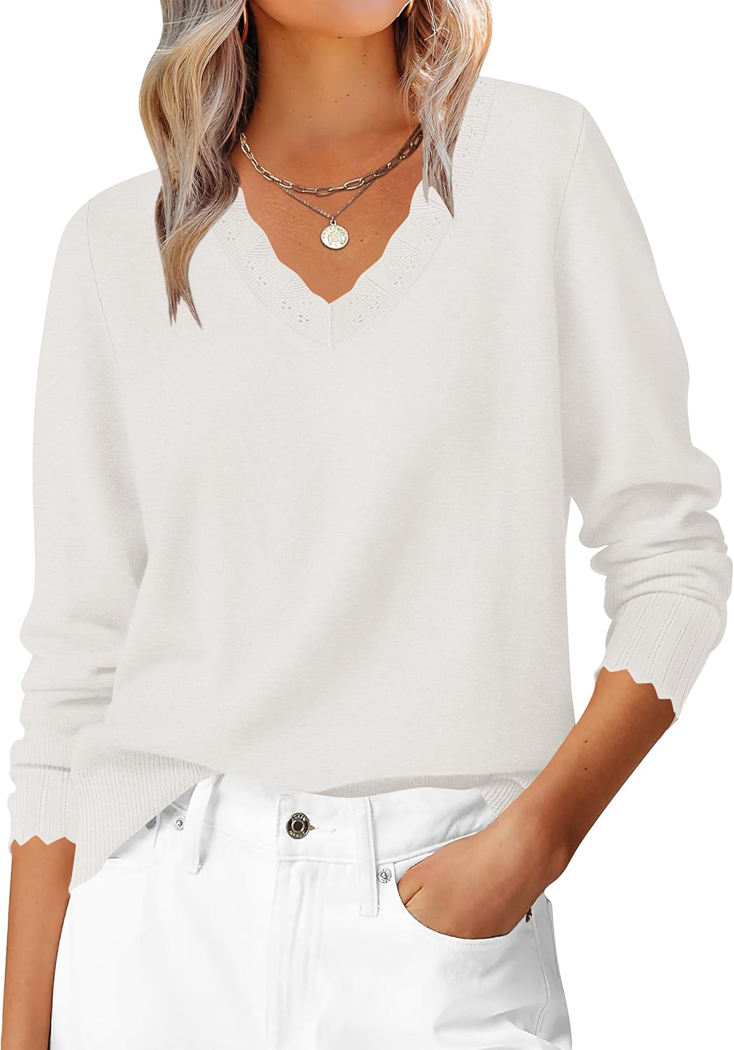 AKEWEI Scalloped V-Neck Sweaters