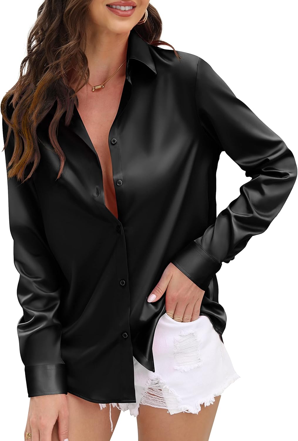 CUNLIN Satin Leopard Button-Down Shirts