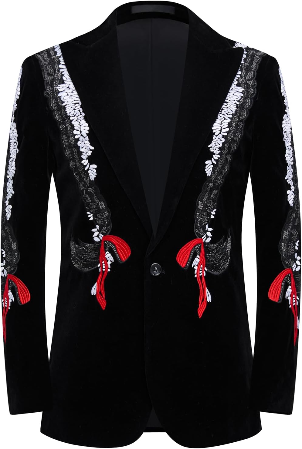 DAMANGUAN Men's Black Velvet Blazer with Gold Floral Embroidery, Slim Fit Suit Jacket for Wedding, Party, Banquet, Prom (US, Alpha, 3X-Large, Regular, Regular, White)