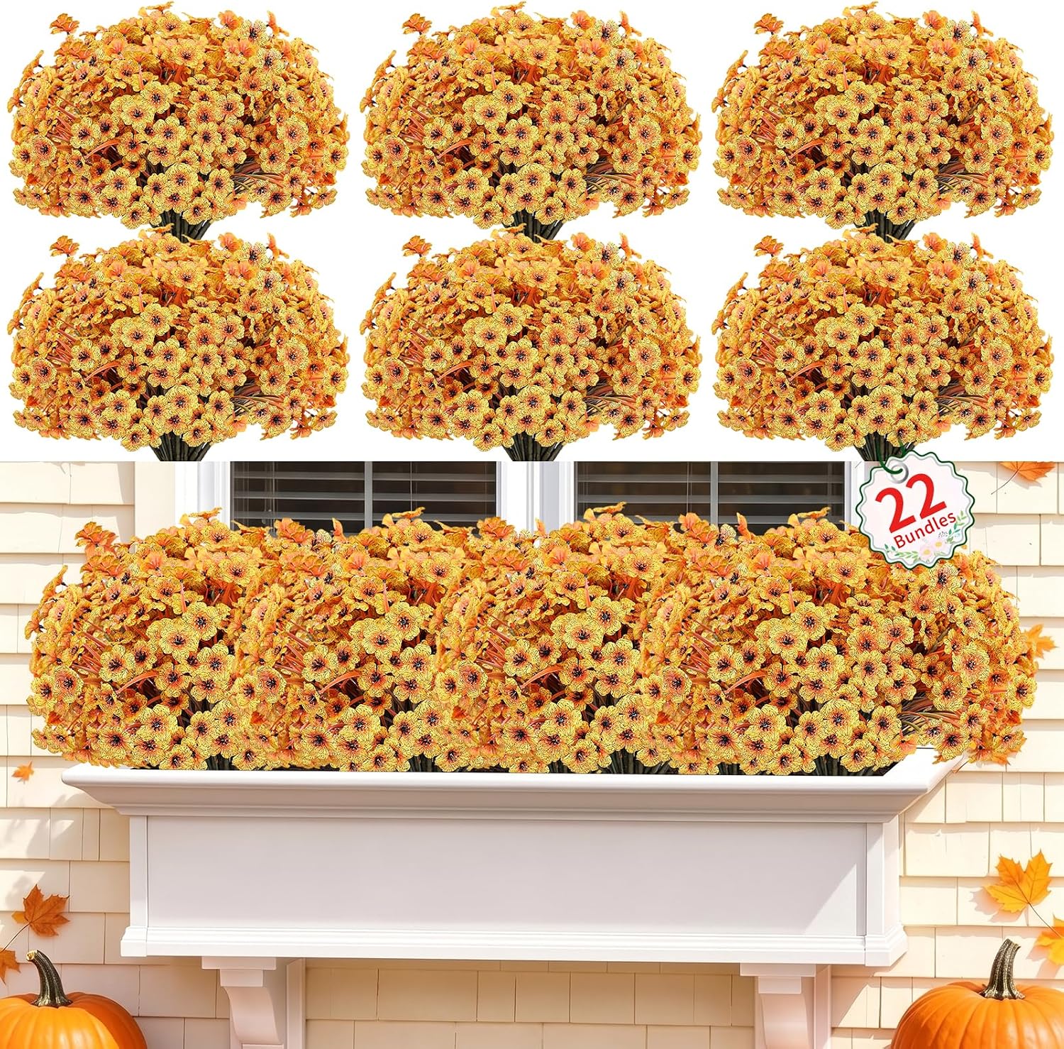 22 Pack Artificial Fall Flowers Mums for Outdoor Indoor(Fall Yellow)