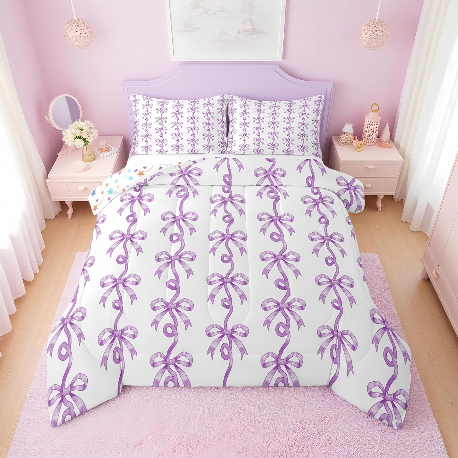 Erosebridal Purple Bow Tie Twin Comforter Set | Cute Coquette Bows Bedding Sets for Girls Kids, Purple Ribbon Bowtie Striped Bed Set, Aesthetic Bow Knot Room Decor, 1 Pillowcase