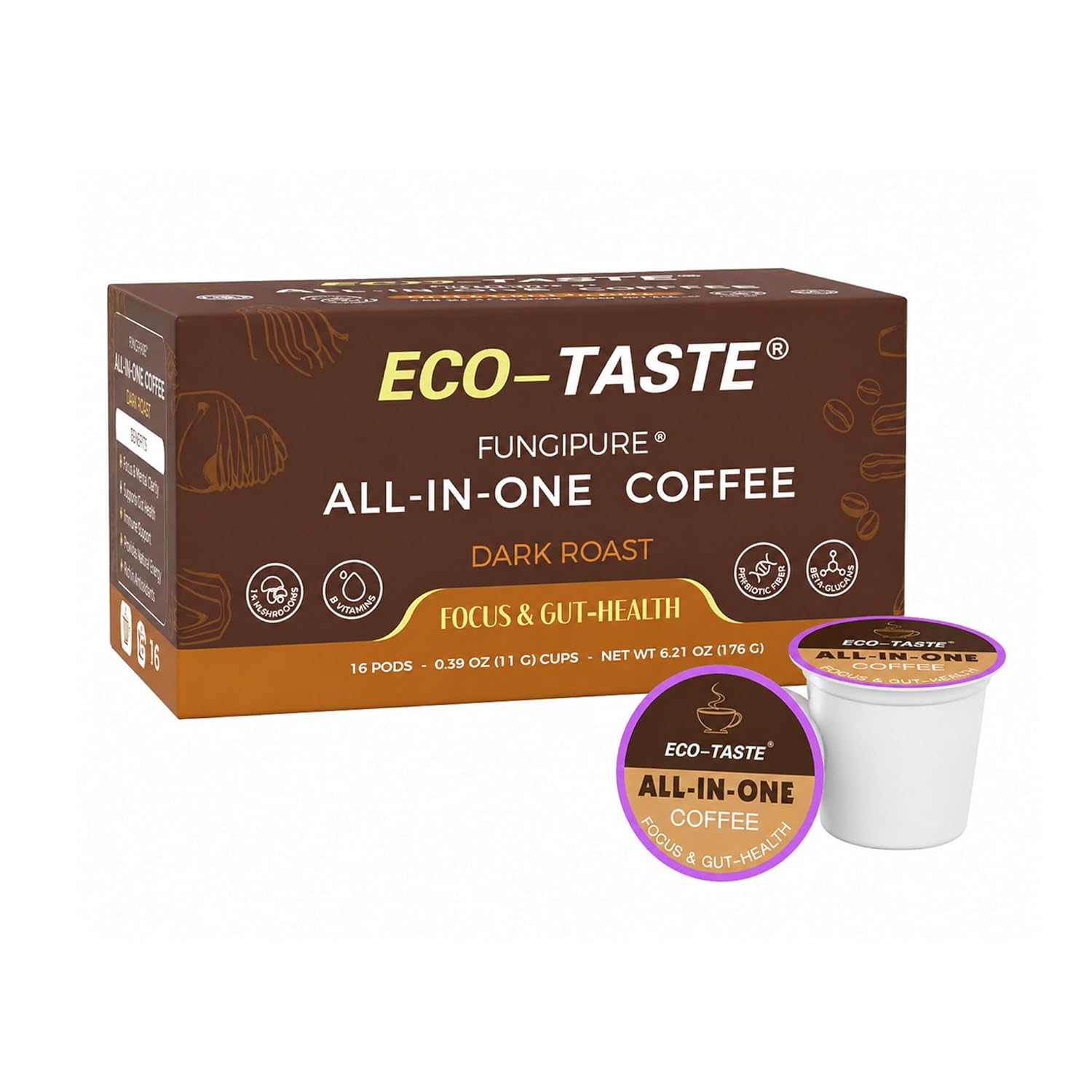 Mushroom Coffee K Cup – Focus & Gut-Health with 14-Mushrooms, Vitamins, L-Theanine and Alpha GPC, Single Serve Pods - No Crash or Jitters, 16 Count