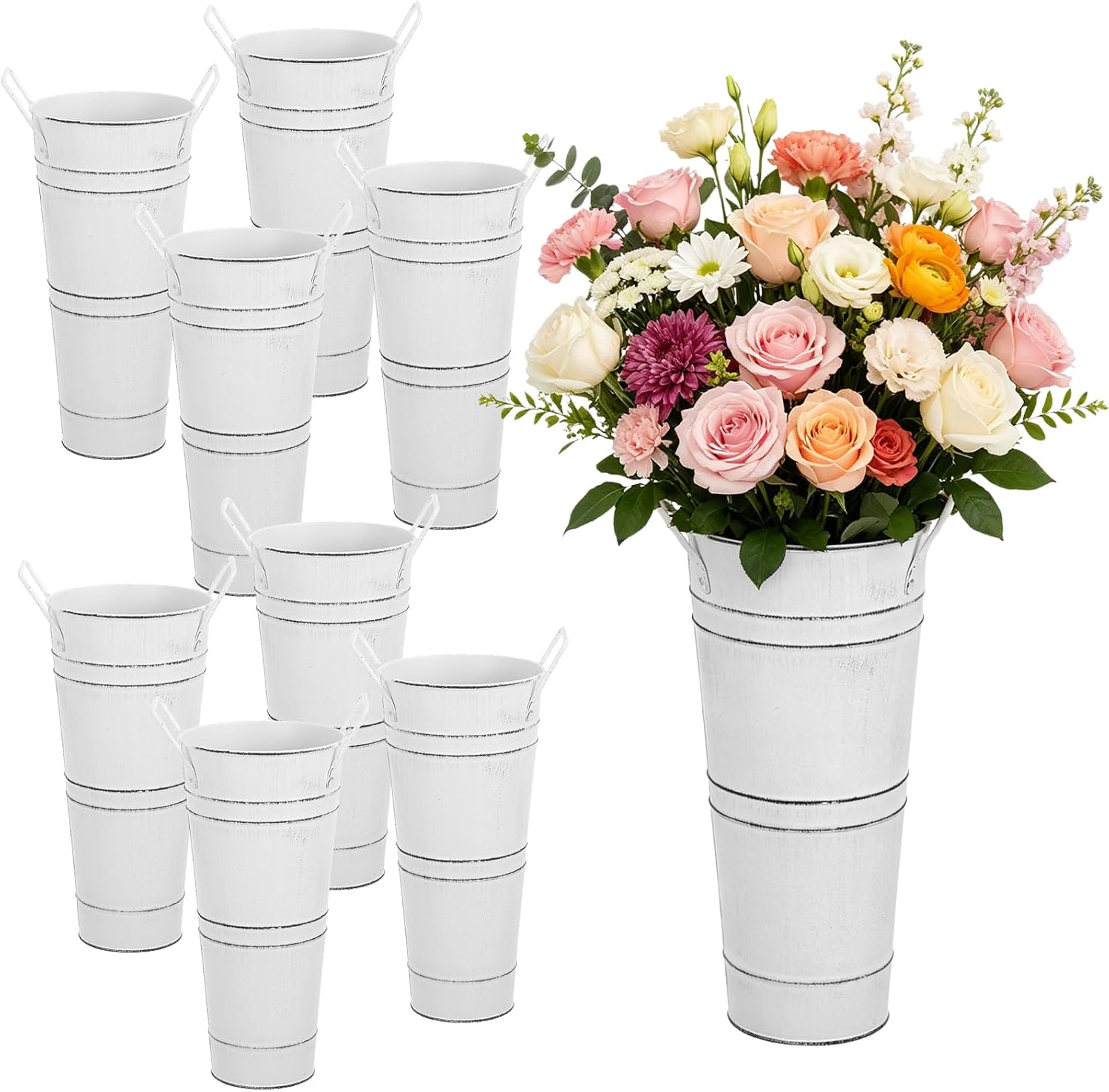 8 Pcs Metal Vases White Farmhouse Tall Flower Bucket with Handles Farmhouse Rustic French Tin Planter Buckets for Centerpieces Floral Wedding Garden Courtyard Table Bridal Shower Flower Bar Supplies