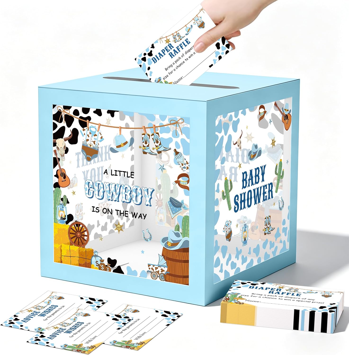 WNINK Cowboy Baby Shower Diaper Raffle Box with 50 Tickets, A Little Cowboy is On The Way Game Set, Western Baby Shower Decorations
